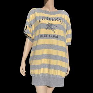 Burberry Blue Label Short Sleeve Striped Yellow Gray Oversized Shirt Dress 38 XL